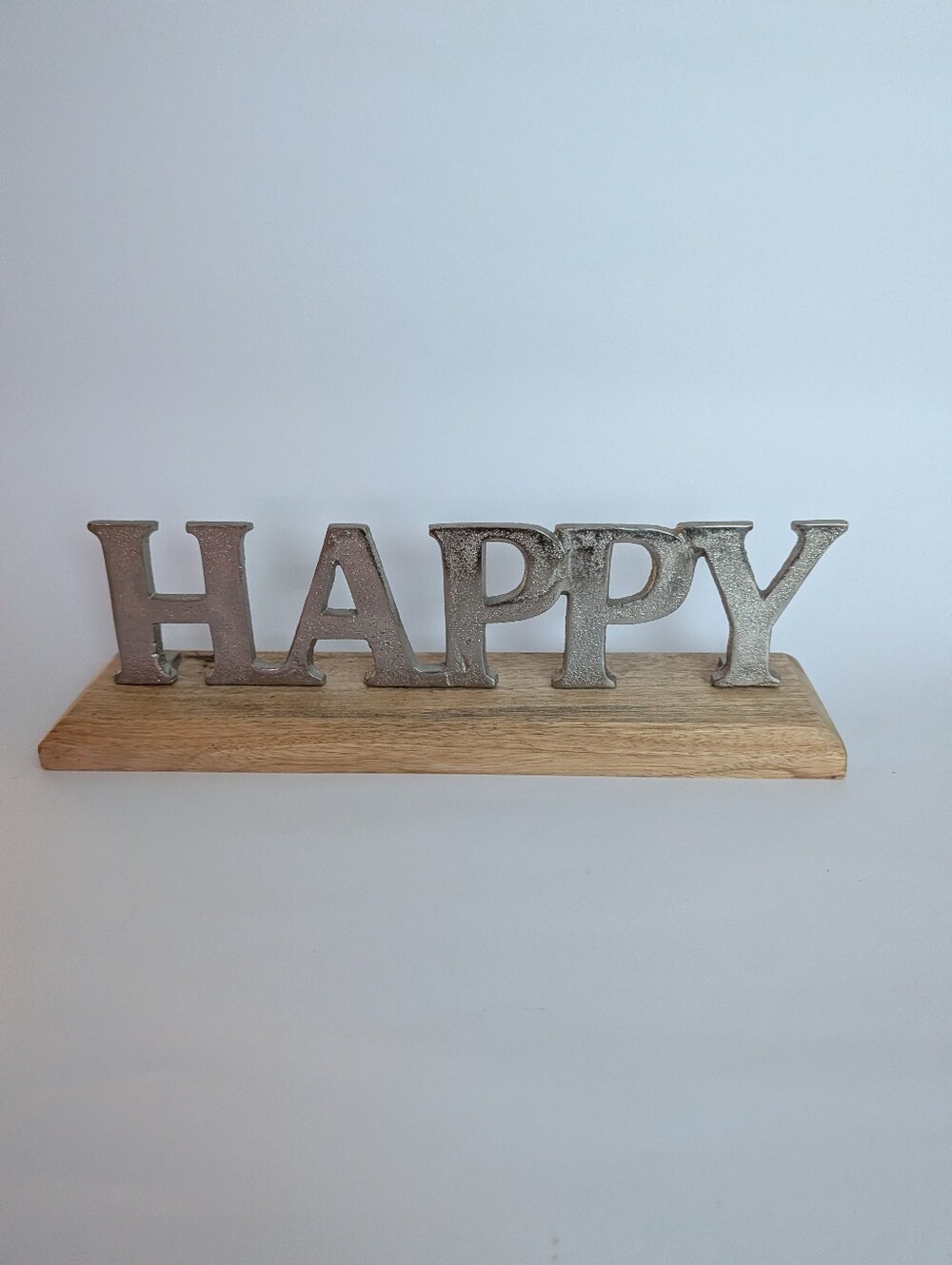 "HAPPY"  Wooden Base Decorative Sign - Silver Letters